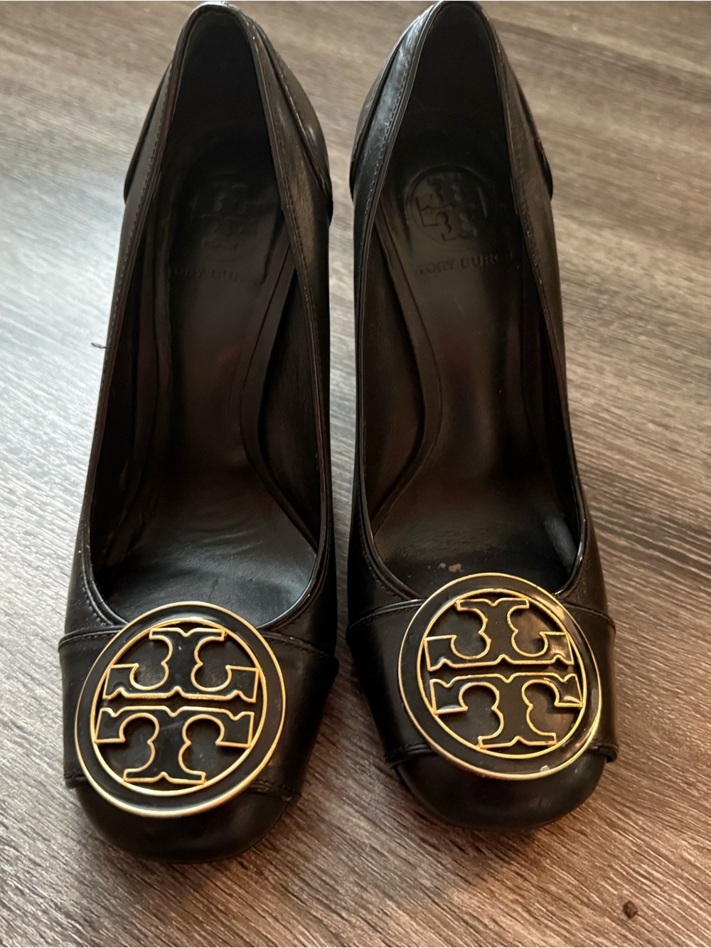 Tory Burch Black Leather Pumps with Gold Logo Medallions
